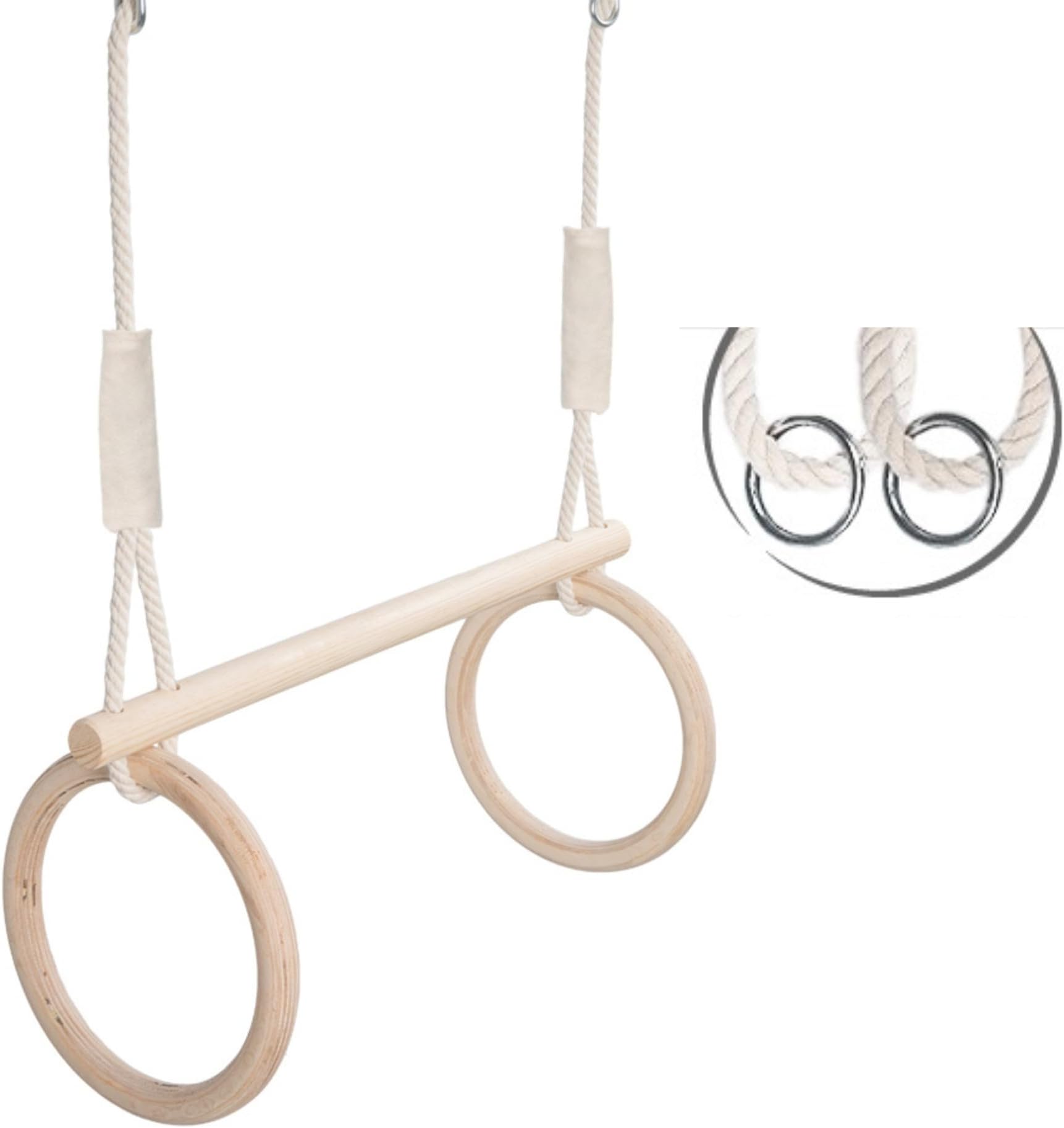MAMOI Trapezoidal swing, gymnastics rings made of wood, gymnastics equipment indoor and outdoor, rings swing, gymnastics with wooden swing, gymnastics rings and trapezoidal bar