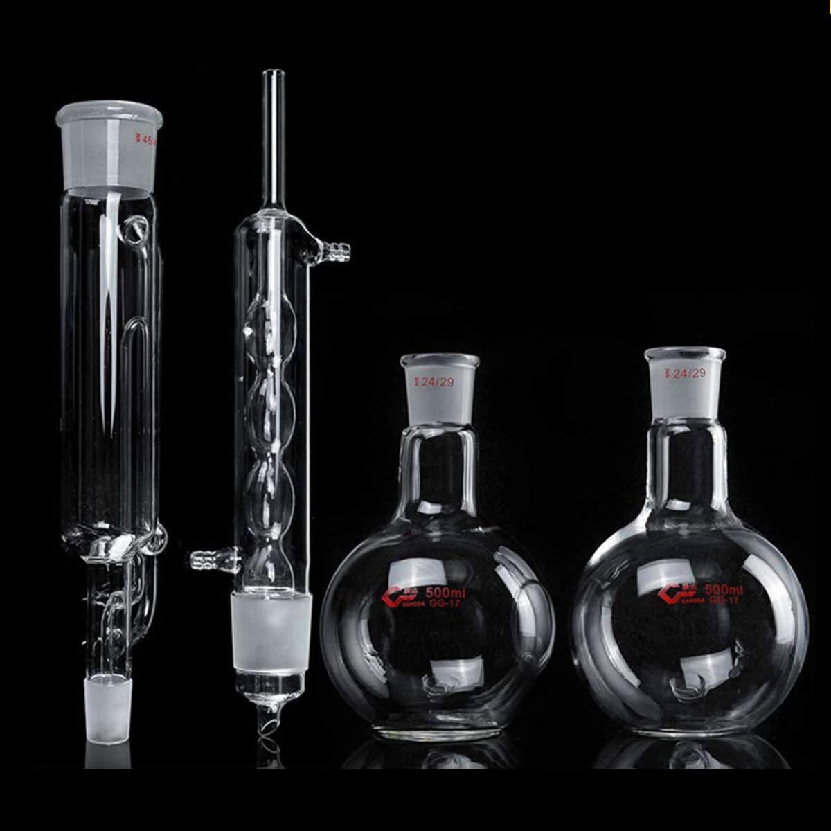 4pcs / Set/Set da 500ml Lab Glass Soxhlet Extractor Consentaster Set con Due Boccette a Fondo Piatto 24/29 305mm 45/40 Tube Lab Kit for Laboratorio
