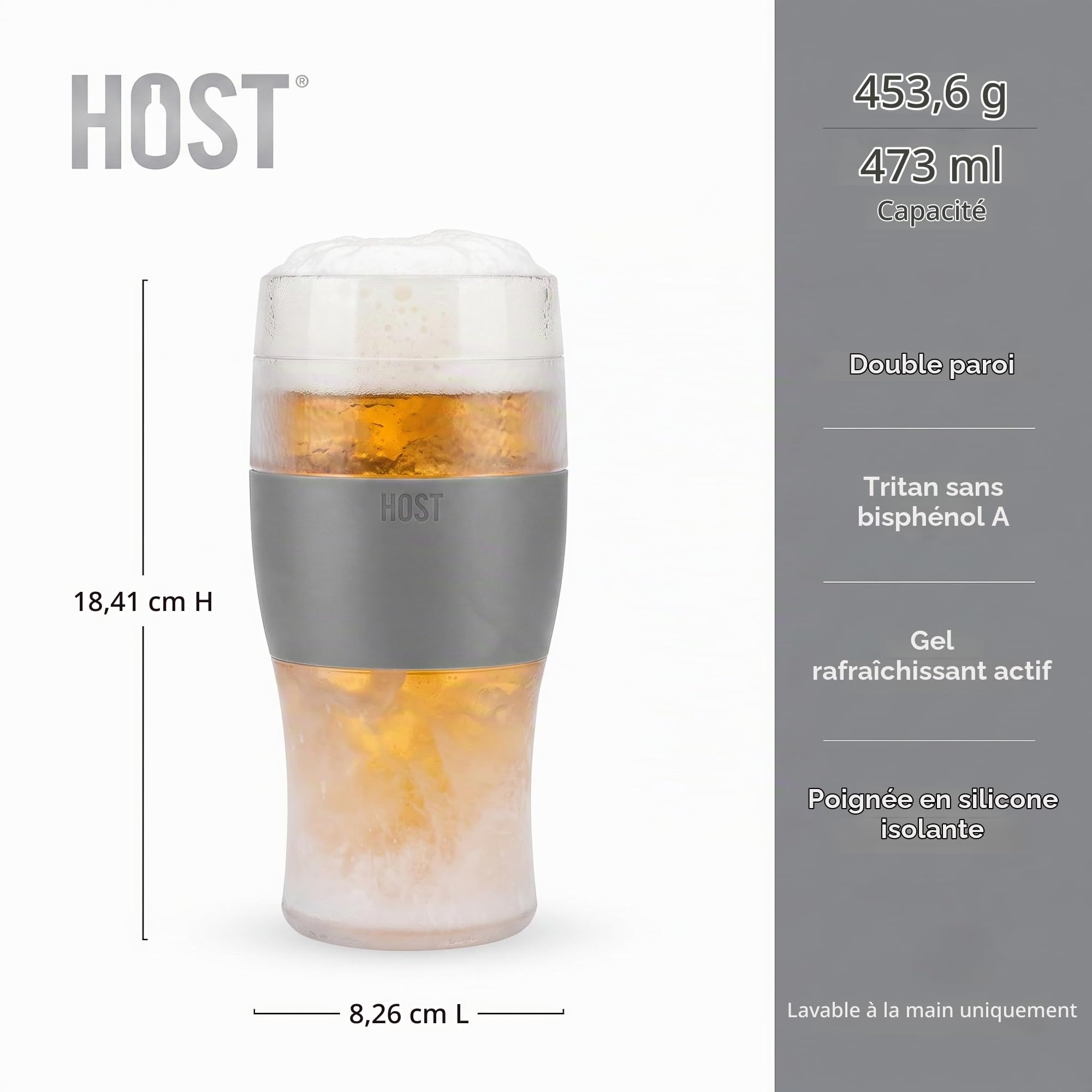 Host Freeze - Lot de 2 Verres à bière de 47 cl, Verres à Pinte à Double paroi Plastique Contenant Un Gel réfrigérant, Gris