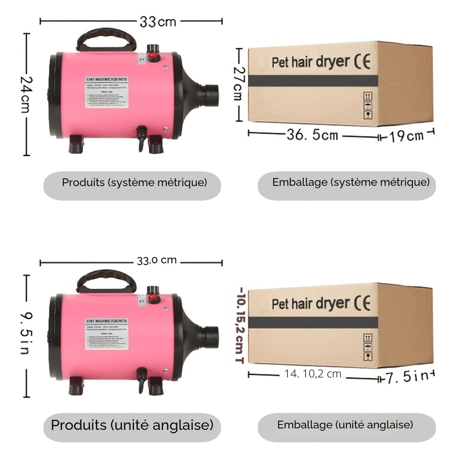 Pulseur Chien Professionnel 2800W Souffleur Chien Pulseur pour Chien Poils Longs Seche Cheveux Chien Sèche-Cheveux pour Animaux Vitesse Continue et température réglable avec 4 Buses (Rose)