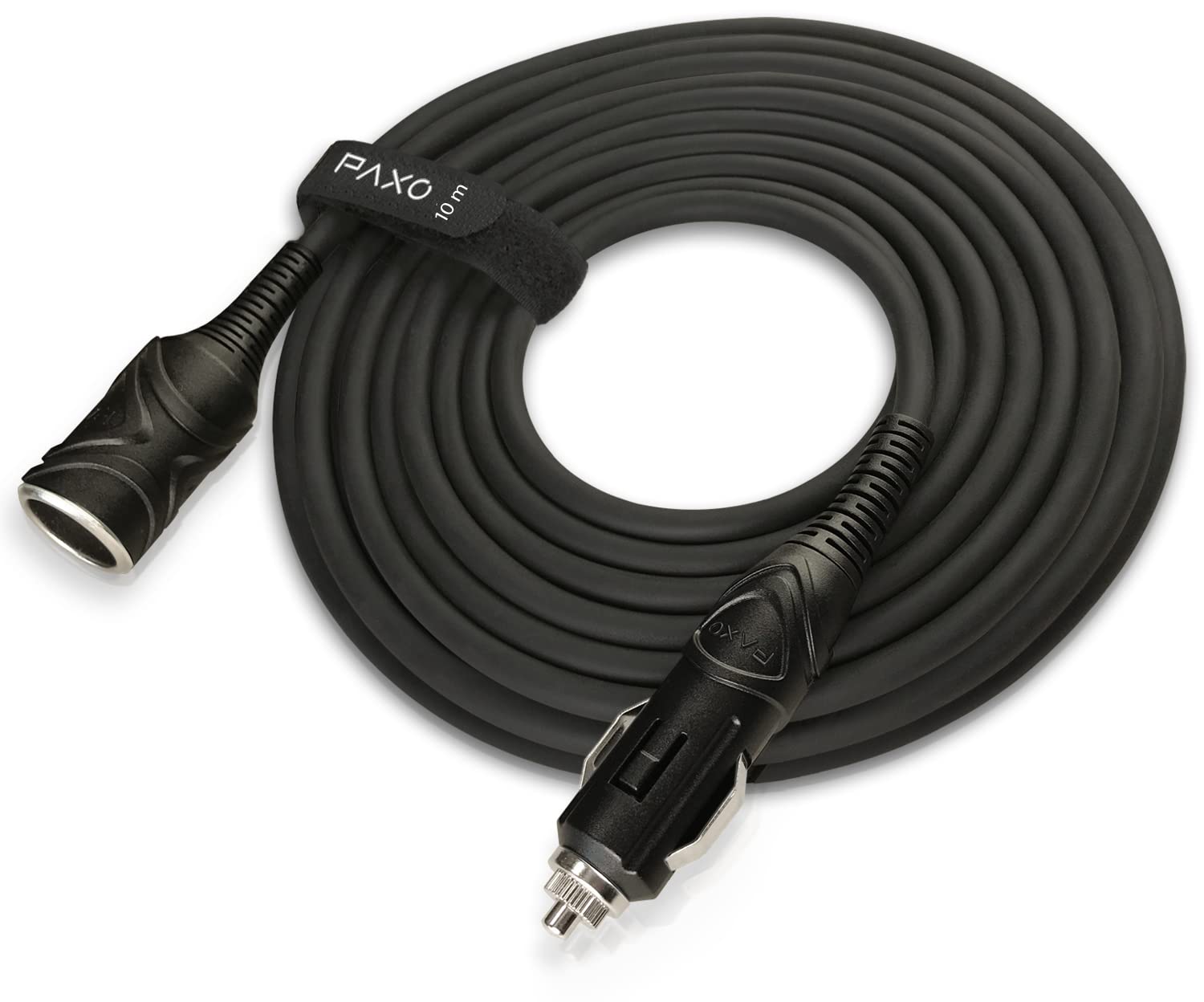 PAXO 10m KFZ Verlängerungskabel 12V, Verlängerung, 15A Sicherung, Vollgummileitung mit Stecker und Buchse, Klettband, für Zigarettenanzünder-Buchse