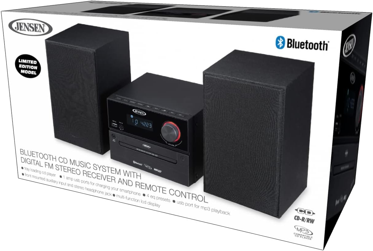 Jensen JBS-500 Modern Micro Bluetooth Music Stereo System & Bookshelf Speaker Pair Compact with CD/MP3 Player, Wireless Streaming, USB, FM Radio, 30 Watts, Remote Included - Platinum Black Exclusive