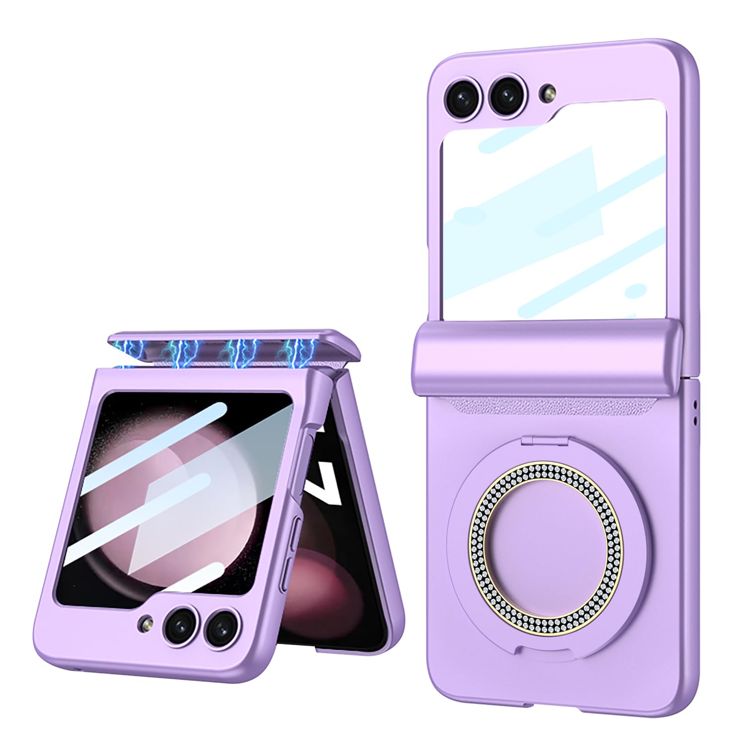 XIMAND for Samsung Galaxy Z Flip 5 Case with Magnetic Ring Holder Magnetic Hinge Protection & Built-in Front Screen Protector, Slim Texture Shockproof Case.(Purple)