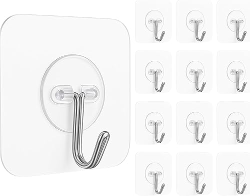 Ganchos de pared adhesivos resistentes, acero inoxidable transparente, paquete de 12 – carga máxima de 24 libras, ganchos reutilizables impermeables