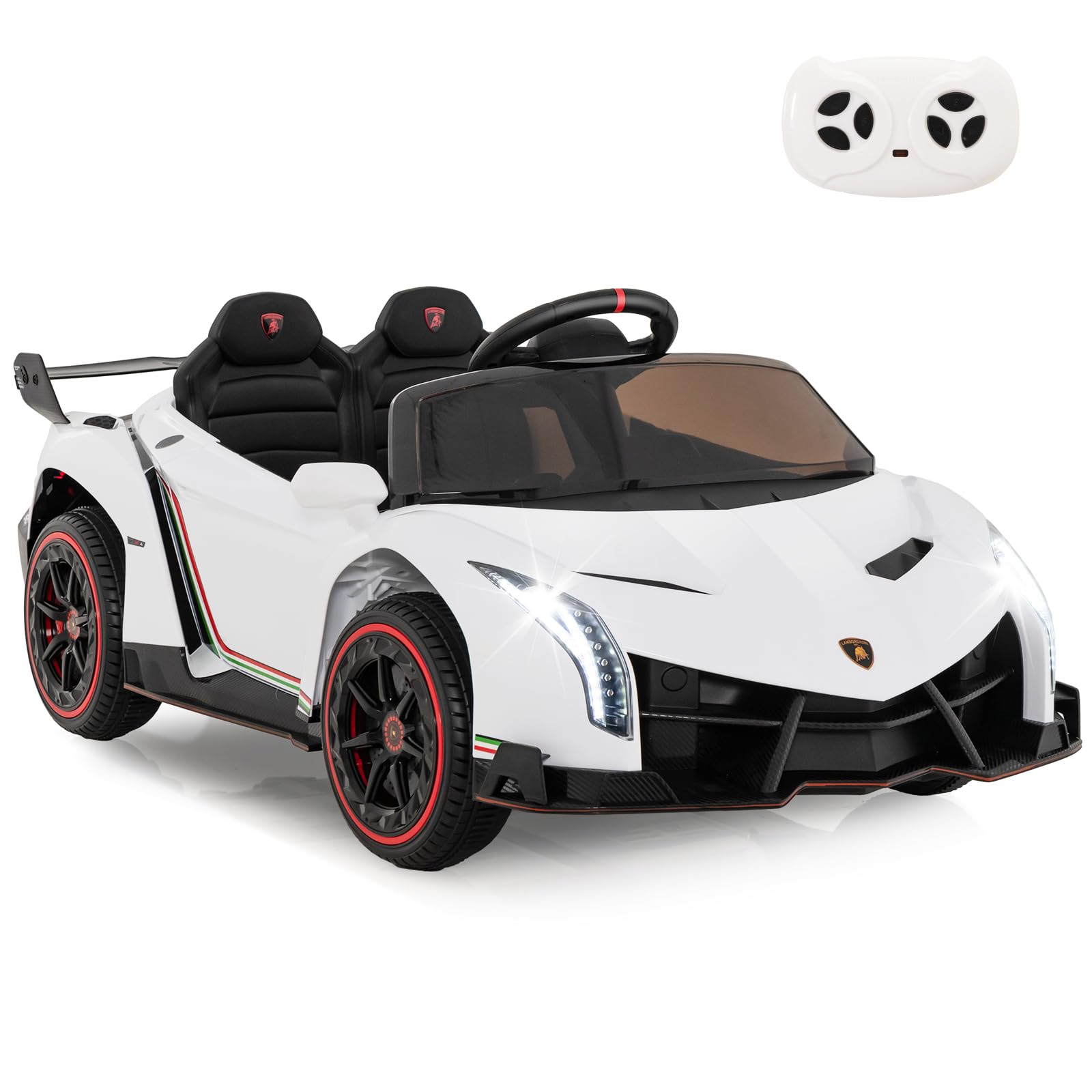 GYMAX Kids Ride on Car, 12V Battery Powered Licensed Lamborghini Car with Remote Control, Music, 3 Speeds, AUX/USB & Safety Belt, Children Electric Vehicle for 3-8 Years Old (White)