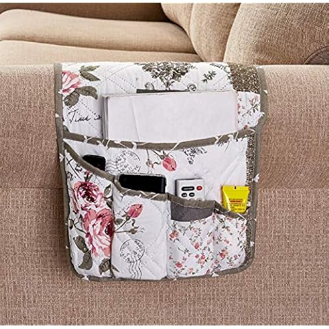 Brilliant Sunshine Rose and Toile Patchwork Sofa Armrest 5 Pockets Organizer, Couch Chair Armrest Caddy, for TV Remote Control, Phone, Book, Glasses, Magazine, 35"×13", Rose Gray Cover
