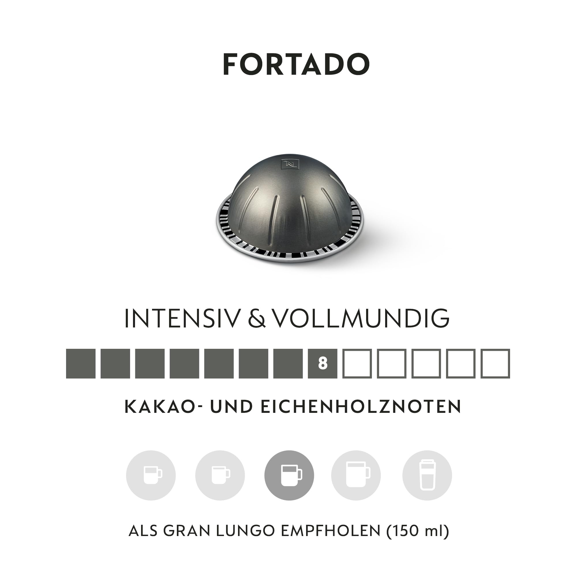 NESPRESSO VERTUO Fortado 100 Kaffeekapseln | Arabica & Robusta Kaffee, Dunkle Röstung, Intensität 8, Ideal für Gran Lungo