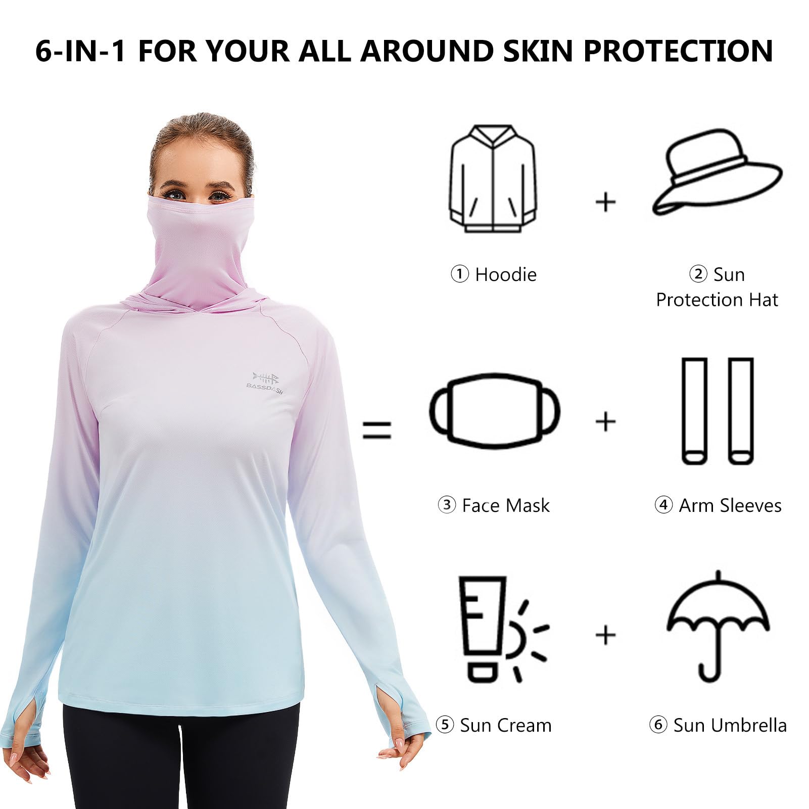 Bassdash Damen Angel Kapuzenshirt mit UPF 50+ Daumenlöchern für Gesichtsmaske FS23W