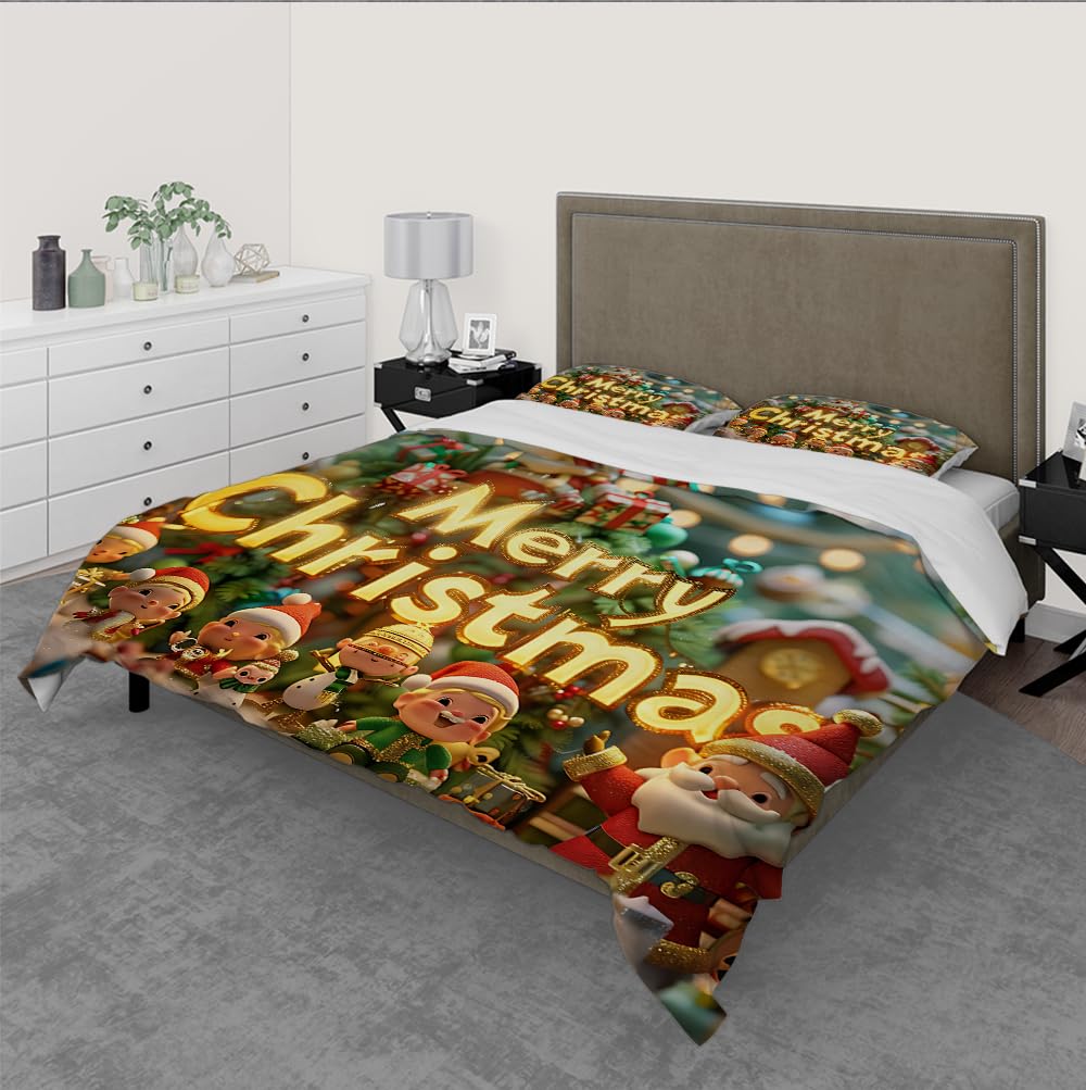 Juego Funda edredón Merry Christmas Santa Claus Dibujos Animados Juego Ropa Cama Decoración habitación niño niña Funda Colcha Ligera y Transpirable con 2 Fundas Almohada 160x200cm