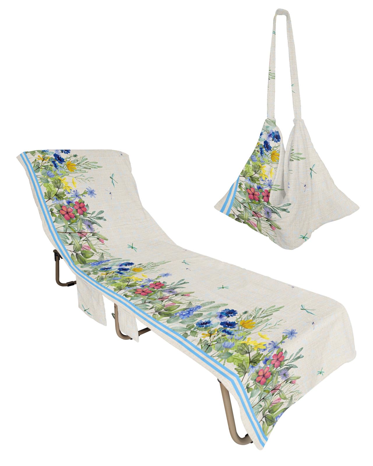Pastoral Botanical Beach Lounge Chair Towel Cover, Soft Chaise Lounge Towel with Side Pockets Patio Pool Chairs Cover for Beach/Pool Sunbathing 29x85 Rustic Spring Floral Summer Dragonfly