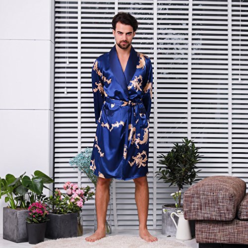 Mens Satin Robe Silk Long Sleeve House Kimono Bathrobe Sleepwear Loungewear4