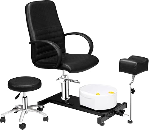 OmySalon Silla de pedicura con taburete y baño de pies de masaje de burbujas, silla Pedi hidráulica para tecnología de uñas, estación de sala de
