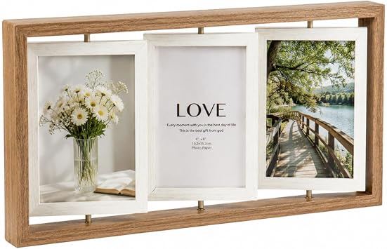 Trifold Wood Standing Photos Frame 10.2x15.2cm Double Photo Picture Frame Holds 6 Photographs 360  Rotating Triple Foldable Frame for Wall Desk Decor Family Gifts Vintage Brown