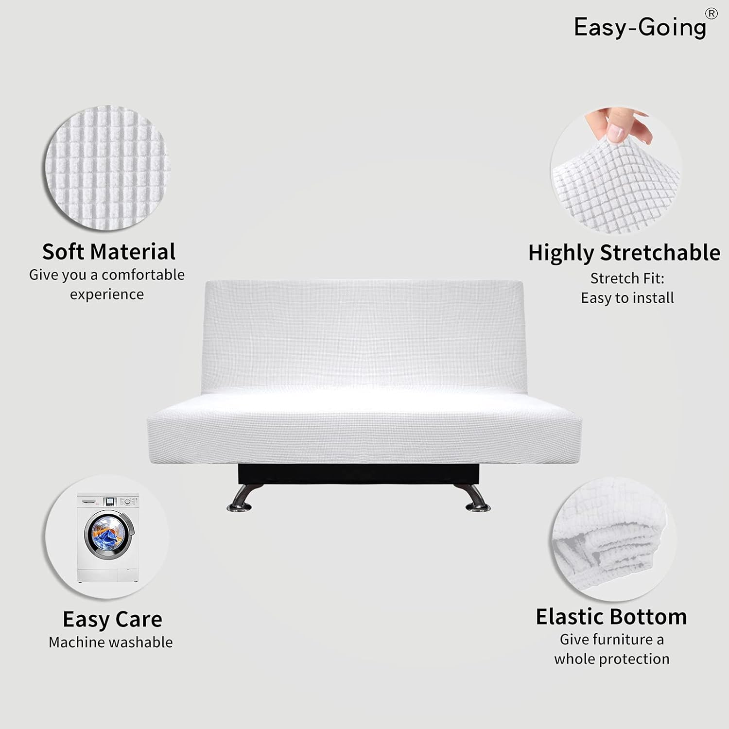 Easy-Going Stretch Futon Slipcover Armless Futon Bed Cover Furniture Protector Without Armrests with Elastic Bottom for Kids, Soft Jacquard Fabric Small Checks (Medium, Snow White)