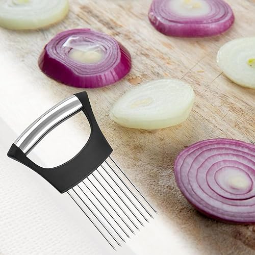 Miniatura 7 de Soporte de cebolla de acero inoxidable, nuevo soporte para verduras para rebanar, multifuncional para frutas y verduras, herramienta para carne,