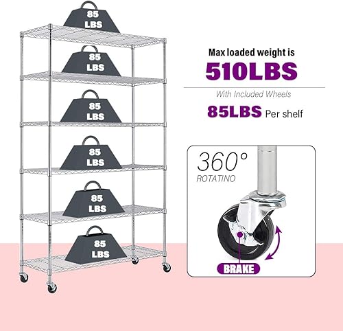 Miniatura 3 de FDW Estantería de alambre de 48 pulgadas de largo x 18 pulgadas de ancho x 82 pulgadas de alto, estante de metal con ruedas de 6 niveles, estante de