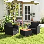 ORALNER 3 Ensemble de meubles de patio, Chaises de conversation en osier d'extérieur avec coussin doux et Acacia Table à café, Bistro Rattan pour jardin de balcon côté piscine de porche (noir)
