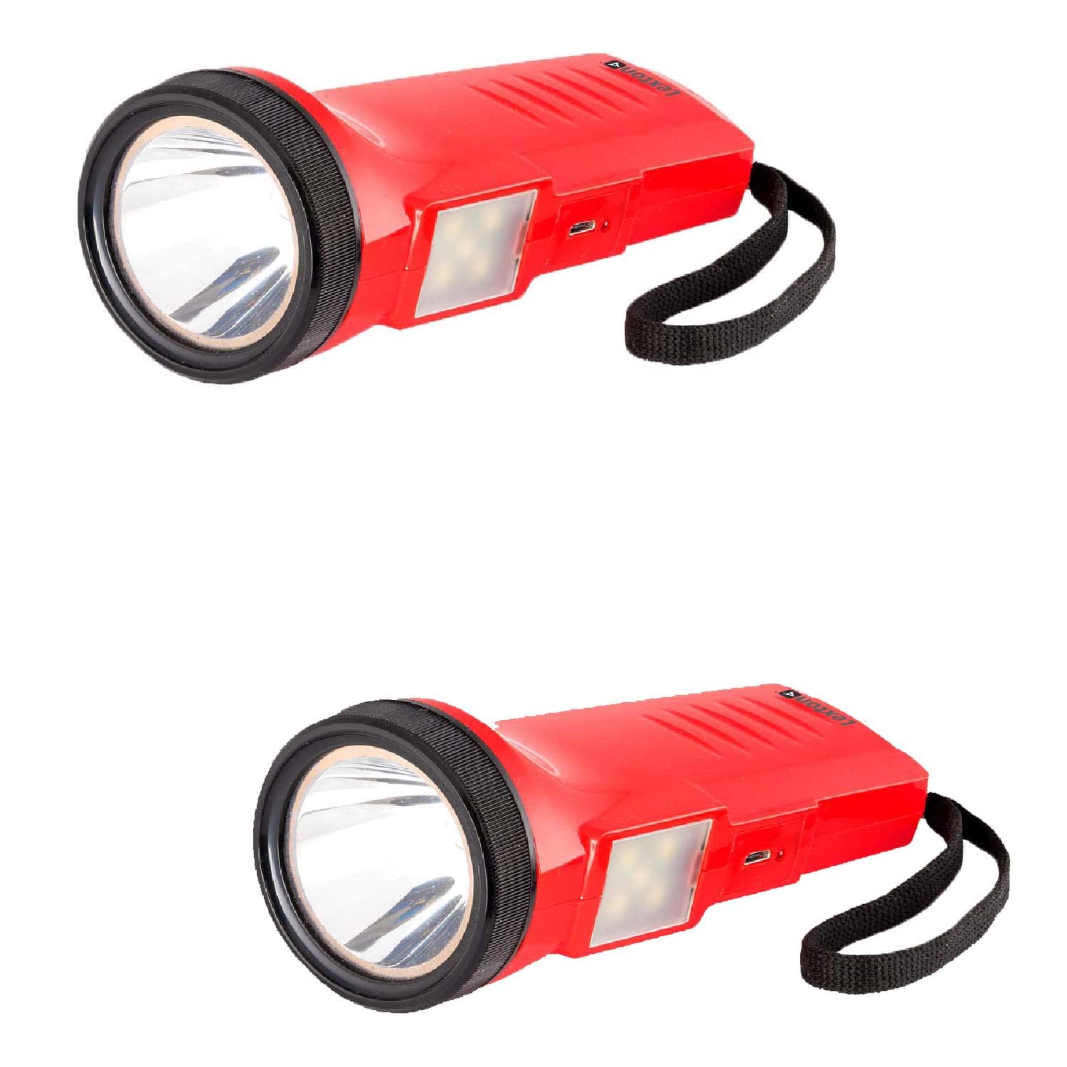 Duo Torch Light | 2W USB 1200 mAh | Rechargeable 2 in 1 LED Torch Emergency Light | with Long Distance Beam Range (Red) | Medium | Pack of 2