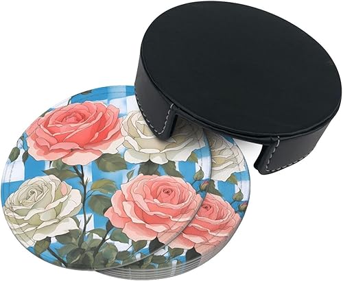 Miniatura 4 de Plaid Background Roses Fashionable Printed Leather Coaster Set,A Set of 6 Pieces,4 Inches in Diameter,Adding an Artistic Atmosphere to Your Desktop