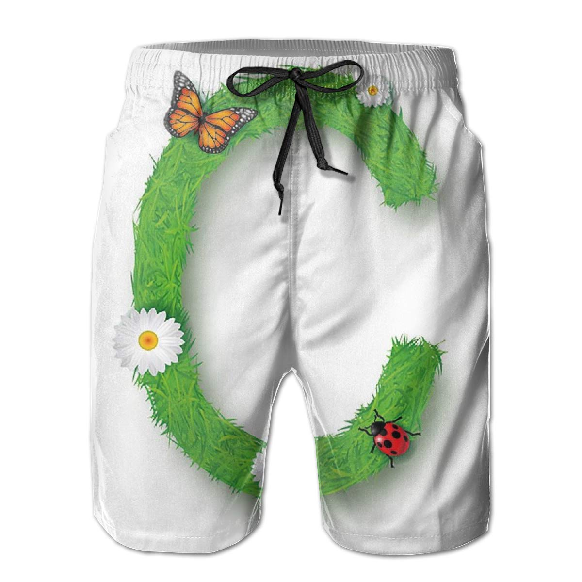 Men Swim Trunks Beach Shorts,Capital C with Grass Greenland Spring Flourishing Nature Themed Character L