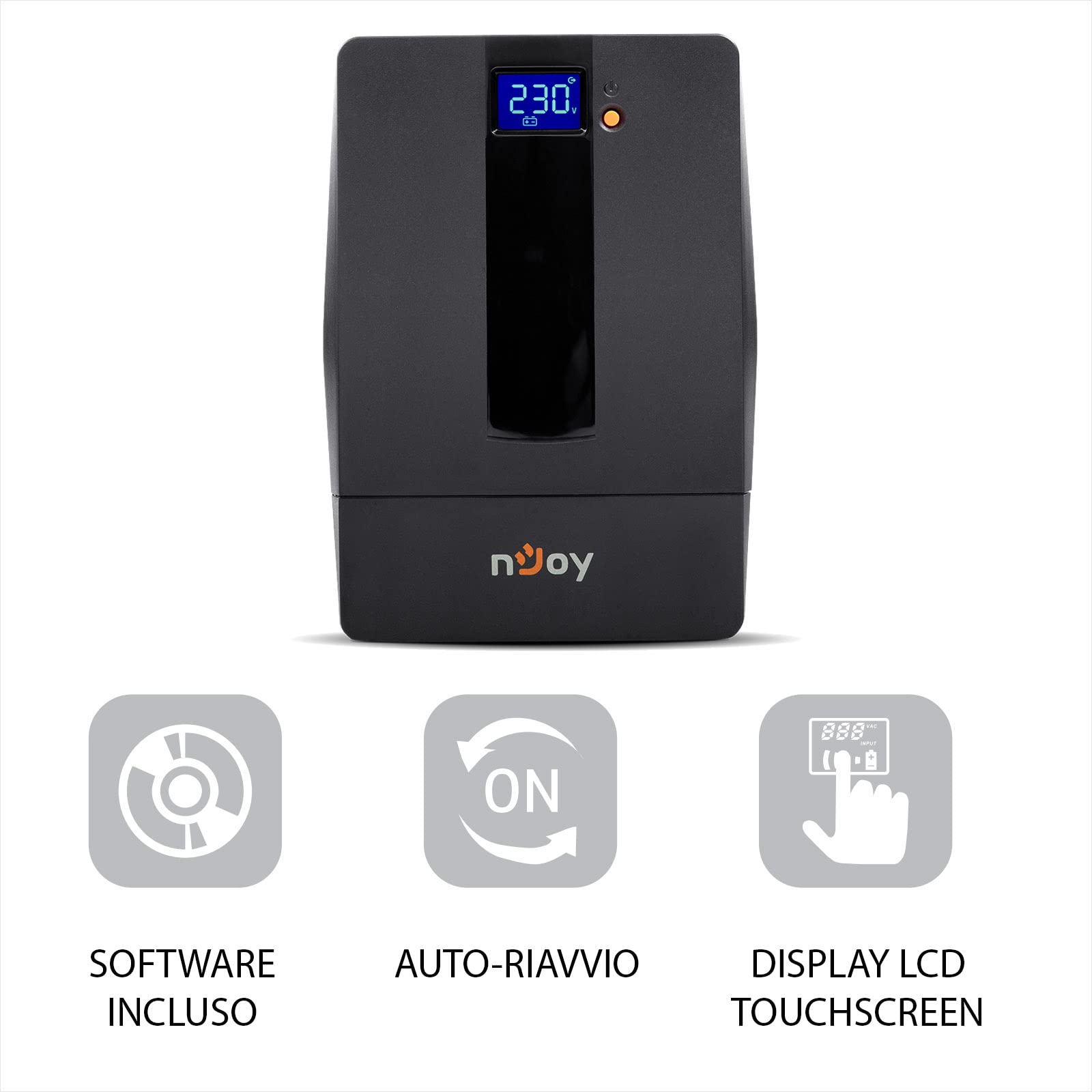 NJOY Horus Plus 1000 Gruppo di Continuità UPS 1000VA 600W | Protezione Blackout e Sbalzi di Protezione | Line Interactive | AVR | Display LCD Touch | 4 Uscite Schuko | USB | Software incluso