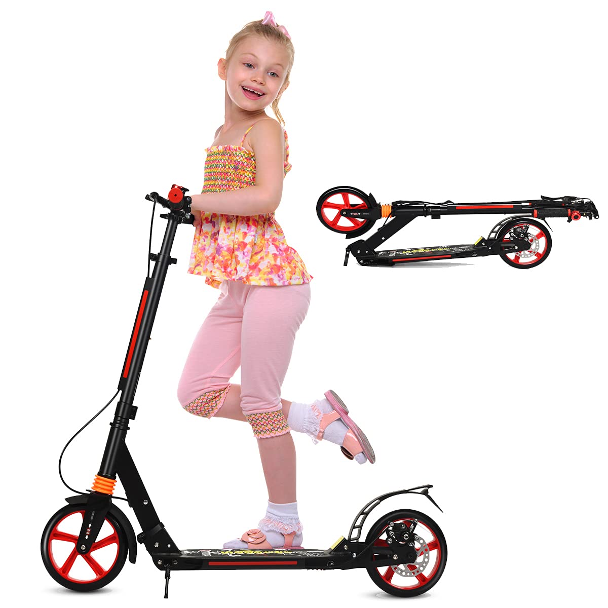 RELAX4LIFE Scooter Plegable con Altura Regulable, Patinete de Aluminio con Timbre, 2 Frenos y Doble Suspensión para Niños y Adultos 120-190 cm, Carga 100KG, Negro