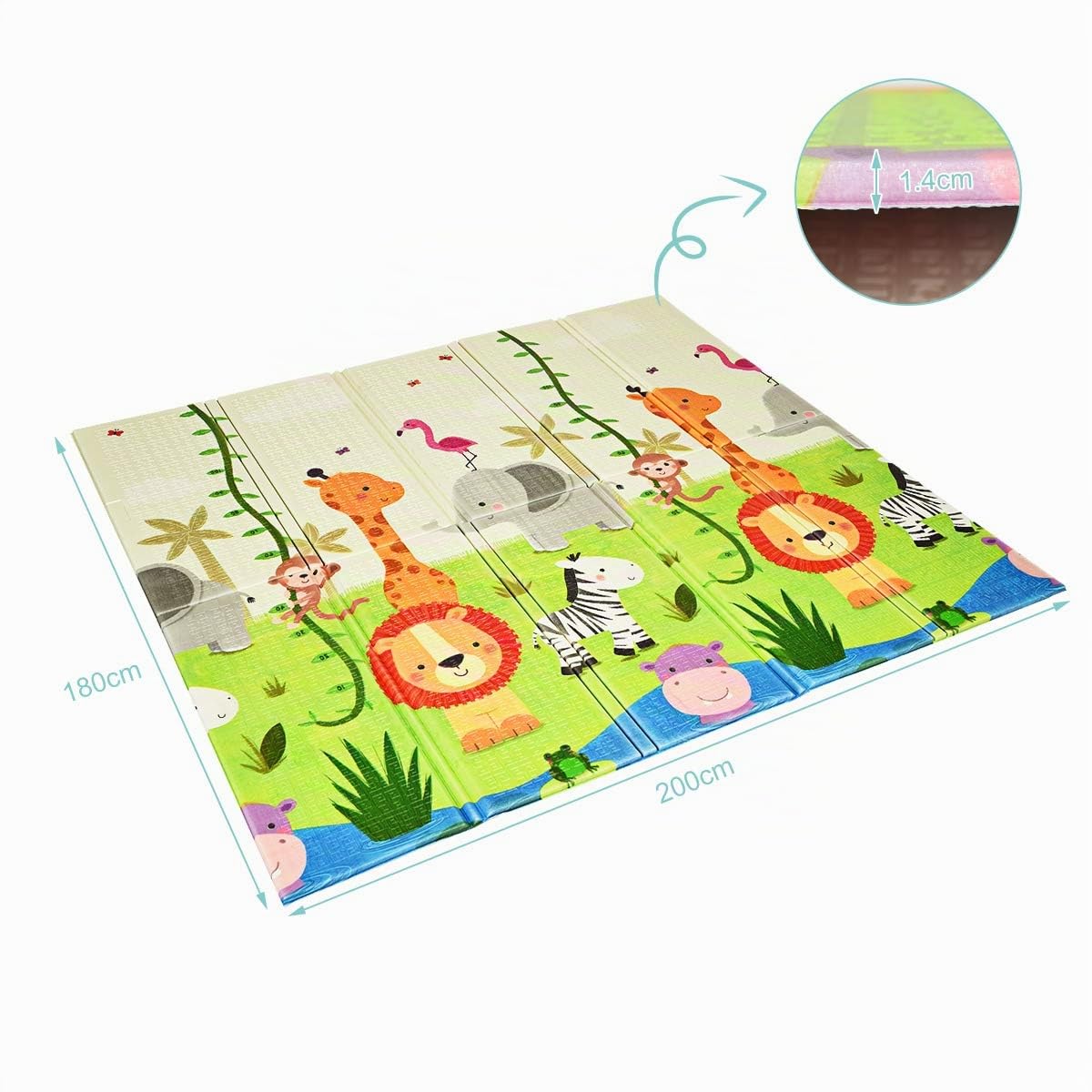 COSTWAY Tappeto da Gioco Per Bambini, Tappetino Pieghevole per Neonati, Tappetino in Schiuma Antiscivolo, 200 x 180 x 1,4 cm (Zoo)
