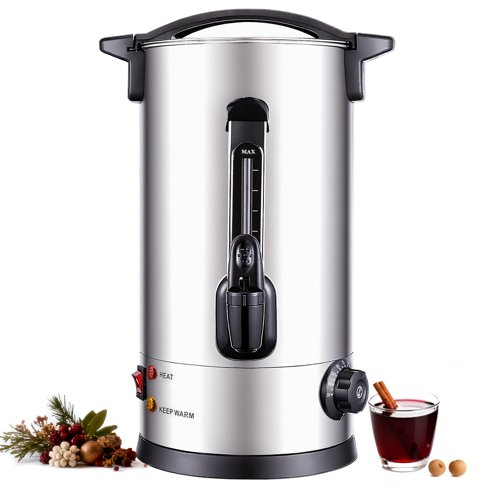 Bollitore per Vin Brulè 8L, 1800W Dispenser Acqua Calda Vin Brulè Caffè Tè, Distributore di Acqua Calda con Rubinetto, Indicatore di Livello e Termostato