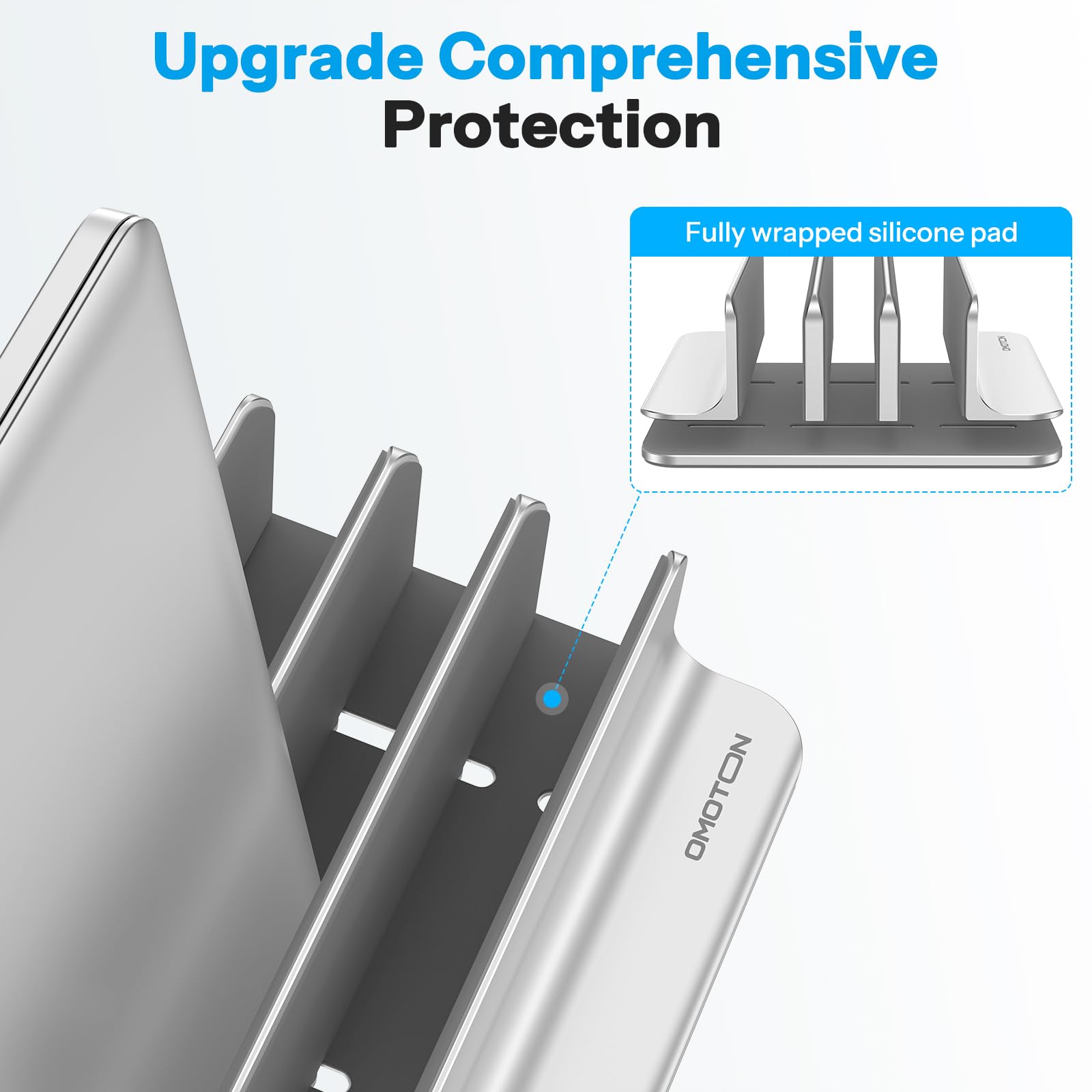 OMOTON Support Vertical pour Ordinateur Portable à 3 Emplacements, Support de Bureau en Aluminium, Dock Réglable, Compatible avec MacBook et Tous Les Ordinateurs Portables (jusqu'à 17,3''), Argent