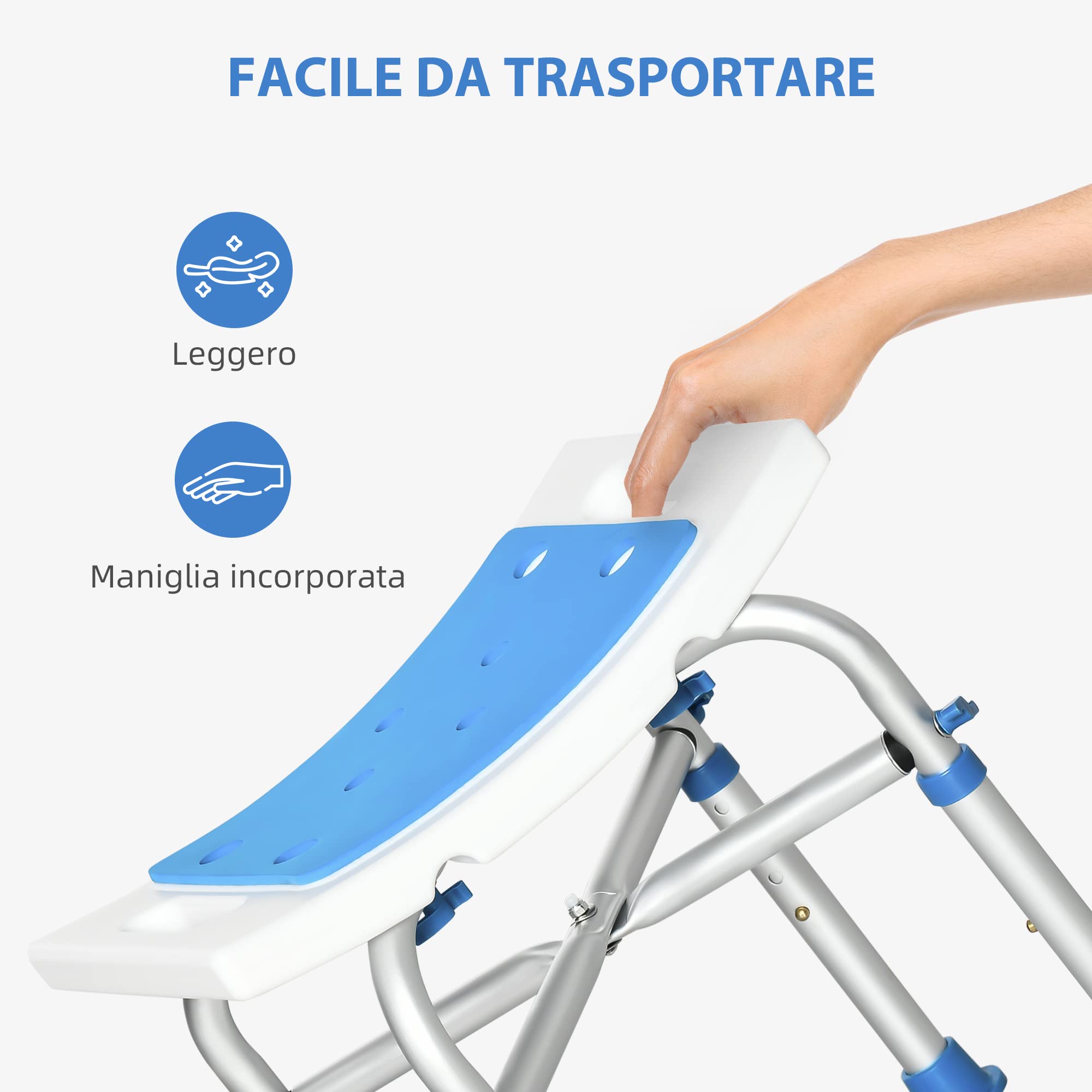 HOMCOM Sgabello per Doccia con Telaio in Alluminio e Seduta Imbottita, Altezza Regolabile e Piedini Antiscivolo a Ventosa, Blu