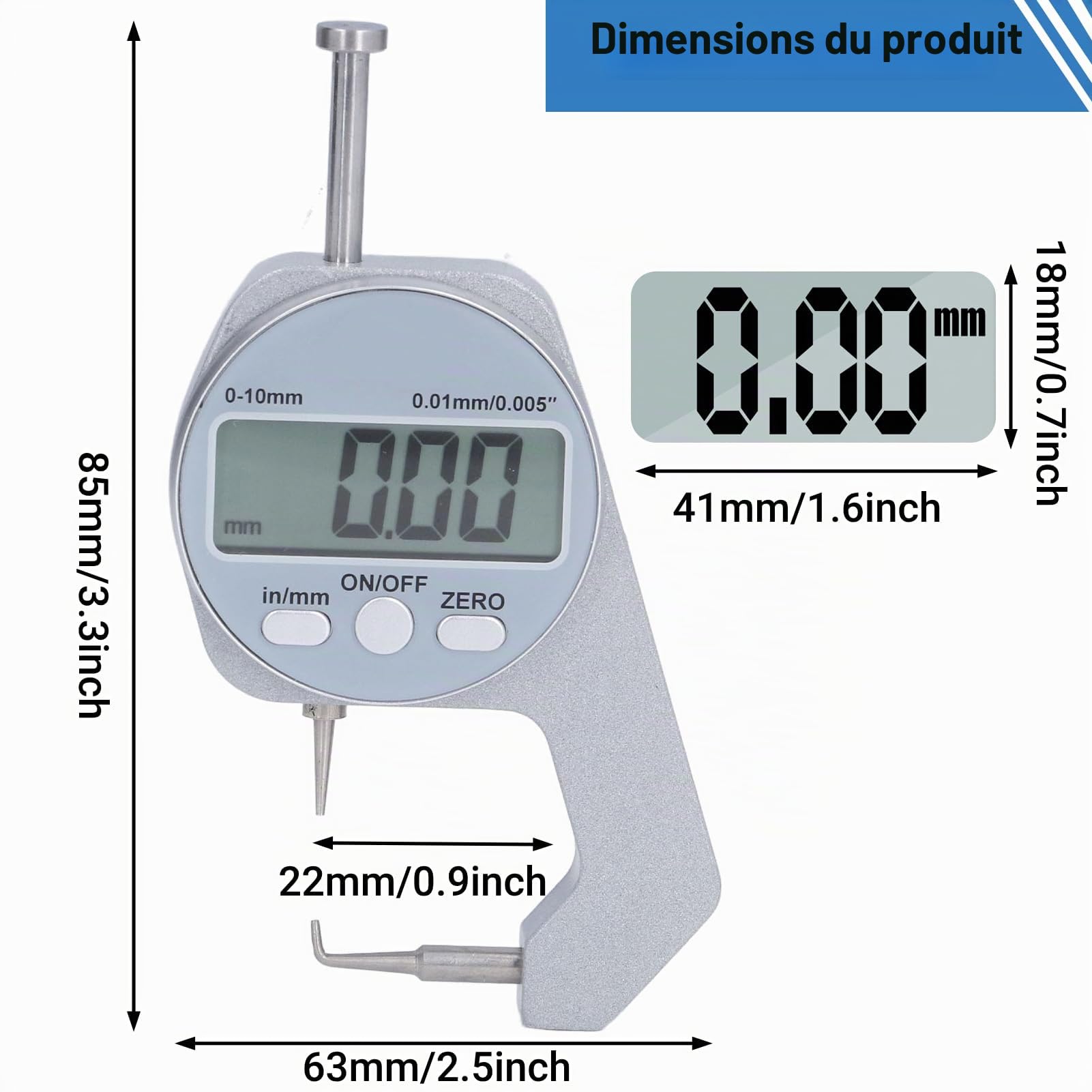 Jauge D'épaisseur LiebeWH Gamme 0-10MM Écran LCD Affichage Numérique Pointe Incurvée Mini Jauge D'épaisseur Outils de Mesure D'épaisseur pour Matériaux Souples