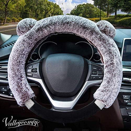 Didida Winter Warm Faux Wool and Bling Diamond Fluffy Fashion Steering Wheel Covers for Women/Girls/Ladies 15 Inch,Light Brown