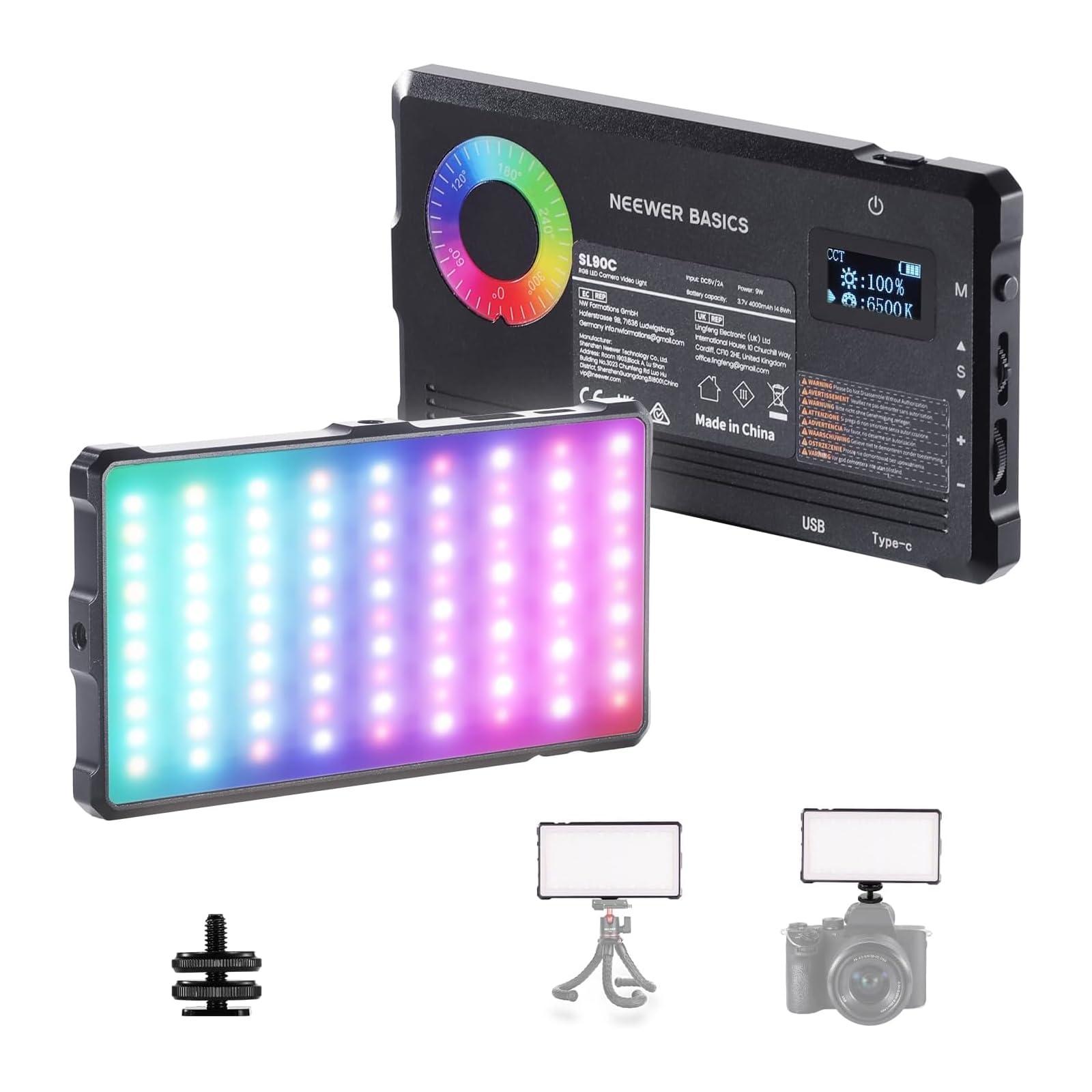 NEEWER Basics RGB Éclairage Vidéo Portable 9W,2700-7500K,17 Scènes, IRC97, Batterie Rechargeable 4000Mah,Petit Panneau LED Métallique pour Appareil Photo Numérique,Trépied,Vidéo en Streaming,Sl90C