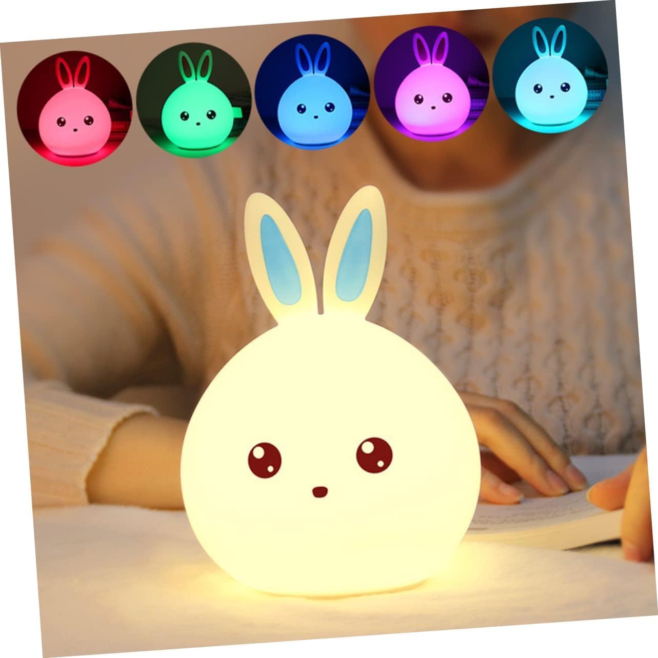 One94Store Silicone Rabbit Night Light | USB Rechargeable Color-Changing LED Lamp with Touch Sensor Control | Kids Bedroom Décor & Gift for Babies, Toddlers, and Children (Blue Ear) - Image 5 thumbnail