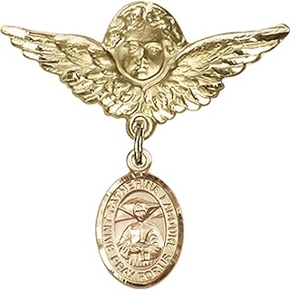 14kt Yellow Gold Baby Badge with St. Catherine Laboure Charm and Angel w/Wings Badge Pin 1 1/8 X 1 1/8 inches