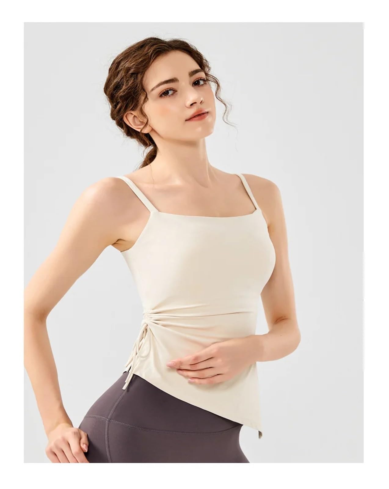 T-Shirts de Sport Femme Cordon de serrage plissé vêtements de Yoga femmes mince haut de fitness femmes coussinets de poitrine fixes jarretelles sport débardeur été gymnase Manches Longues pour Sport F