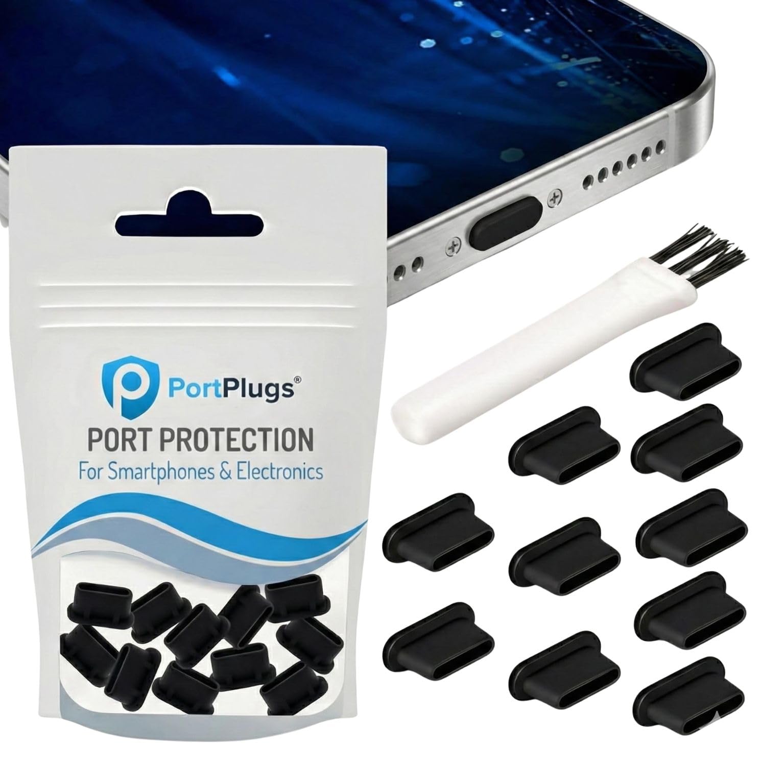 PortPlugs USB C Dust Plugs Keep Charging Ports Clean for iPhone 15 16 17, Kindle, Samsung, Pixel, MacBook and Android Devices | 10 Pack Port Cover Set with Cleaning Brush (Black)