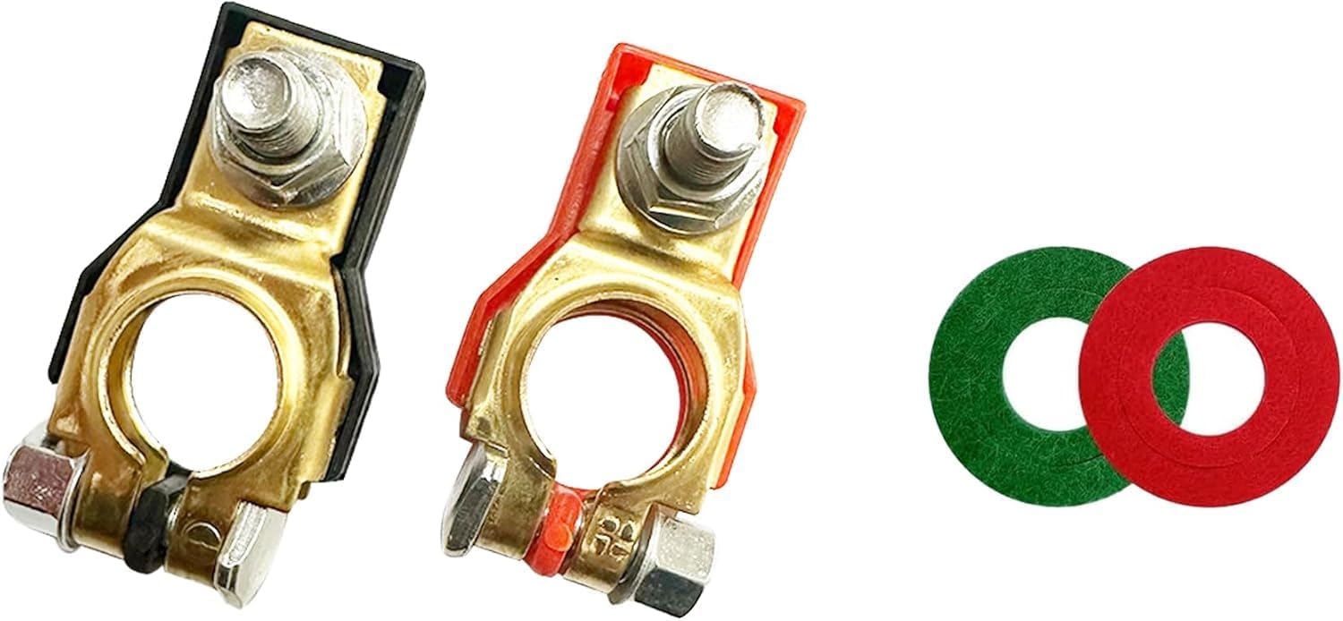 Car Battery Terminal Connector, 1 Pair with 2 Washers Corrosion Resistant Top Post Battery Terminal Clamps, Positive & Negative Auto Cable Terminals, Car Accessories for SUV Motorcycle(Gold)