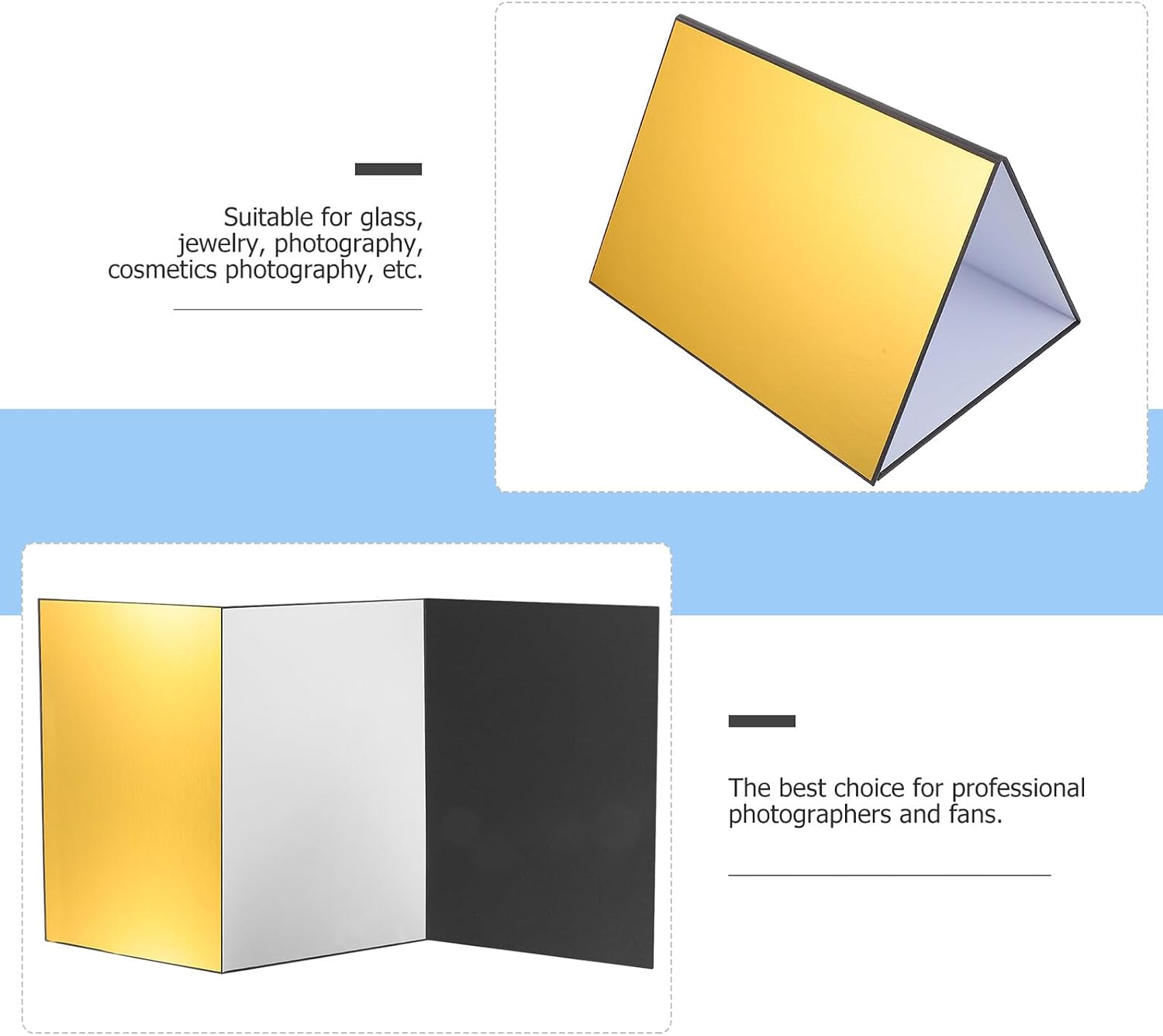 Zerodeko Foldable A4 Photography Reflective Board for Camera Lighting, Tri-fold Silver Black White Gold Reflector Cardboard for Food, Cosmetics, Jewelry Still Life Photo Shoot