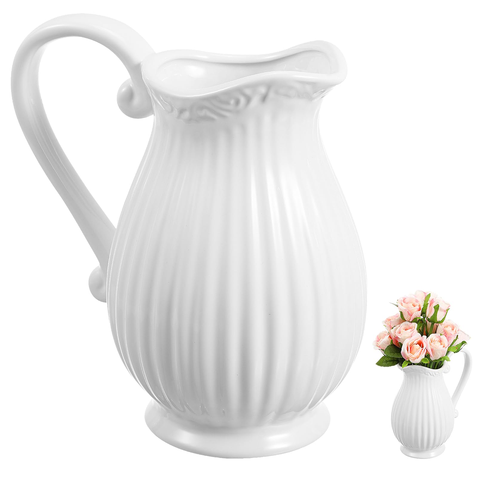 Vaguelly Ceramic Pitcher Vase 8 Inch Vintage Rustic Porcelain French Pitcher Jug Milk Can Decorative Bouquet Holder White Pots Dried Floral Arrangement Household Wedding Supplies