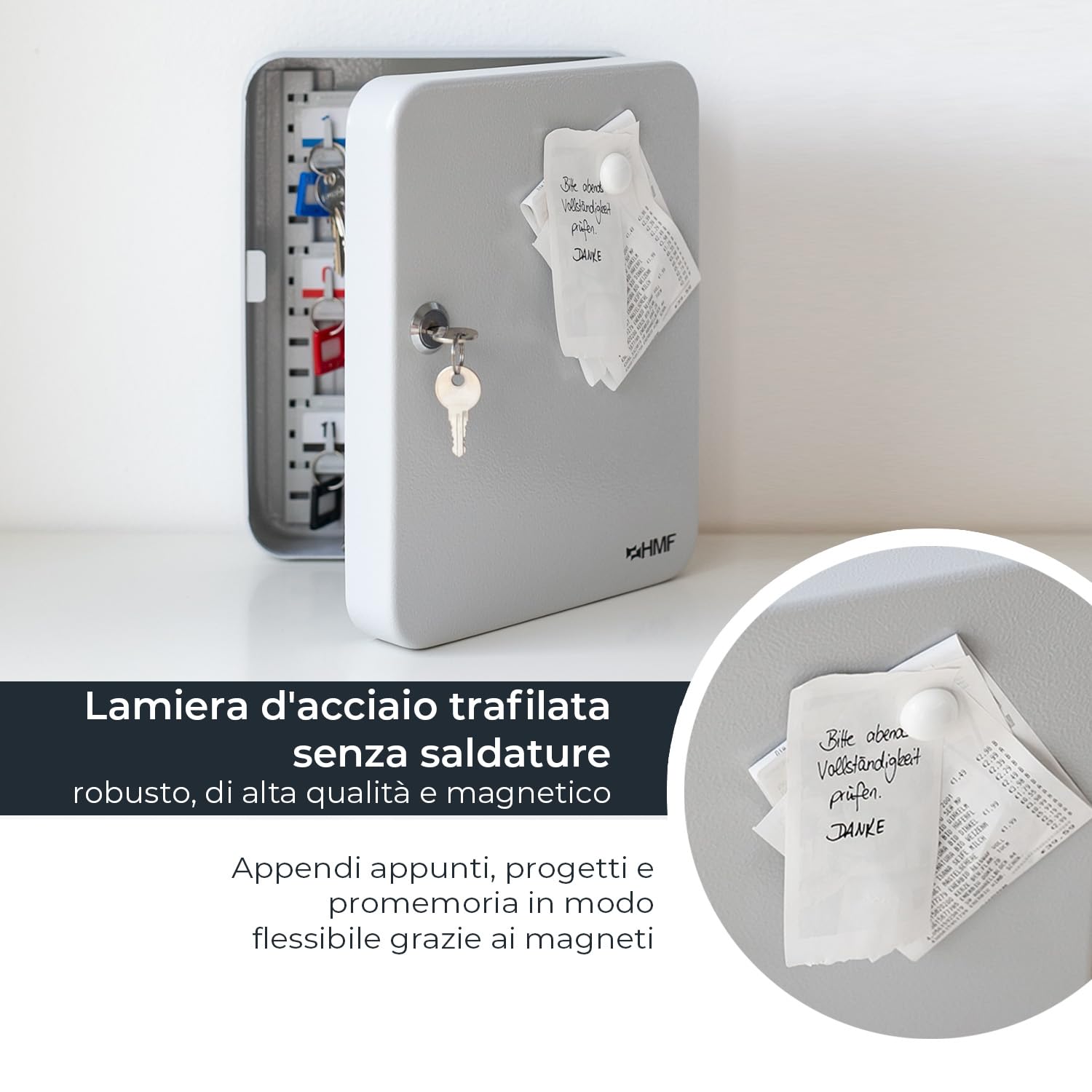 HMF Cassetta Porta Chiavi Piccola in Acciaio, Armadietto Portachiavi con Serratura per Ingresso, Studio o Garage | 25 Ganci Portachiavi | 25 x 20 x 7,5 cm | Grigio Chiaro