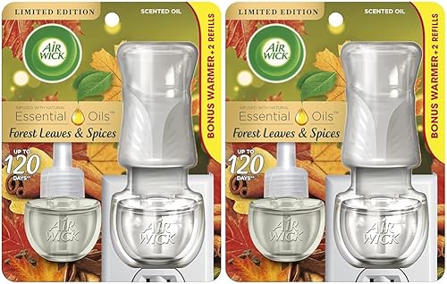 Air Wick Kit de inicio de aceite perfumado para enchufar (más cálido + 2 repuestos), especias y hojas del bosque, aroma de otoño, aceites
