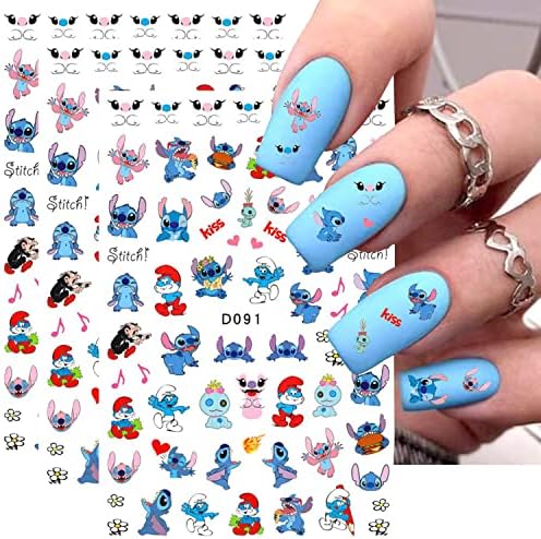 Stitch Nail Art Stickers 3 Sheets Lilo Stitch Nail Stickers Stitch Nail Stickers for Children Self-Adhesive 3D Lilo Stitch Nail Stickers for Women Children Girls Manicure DIY or Nail Studio