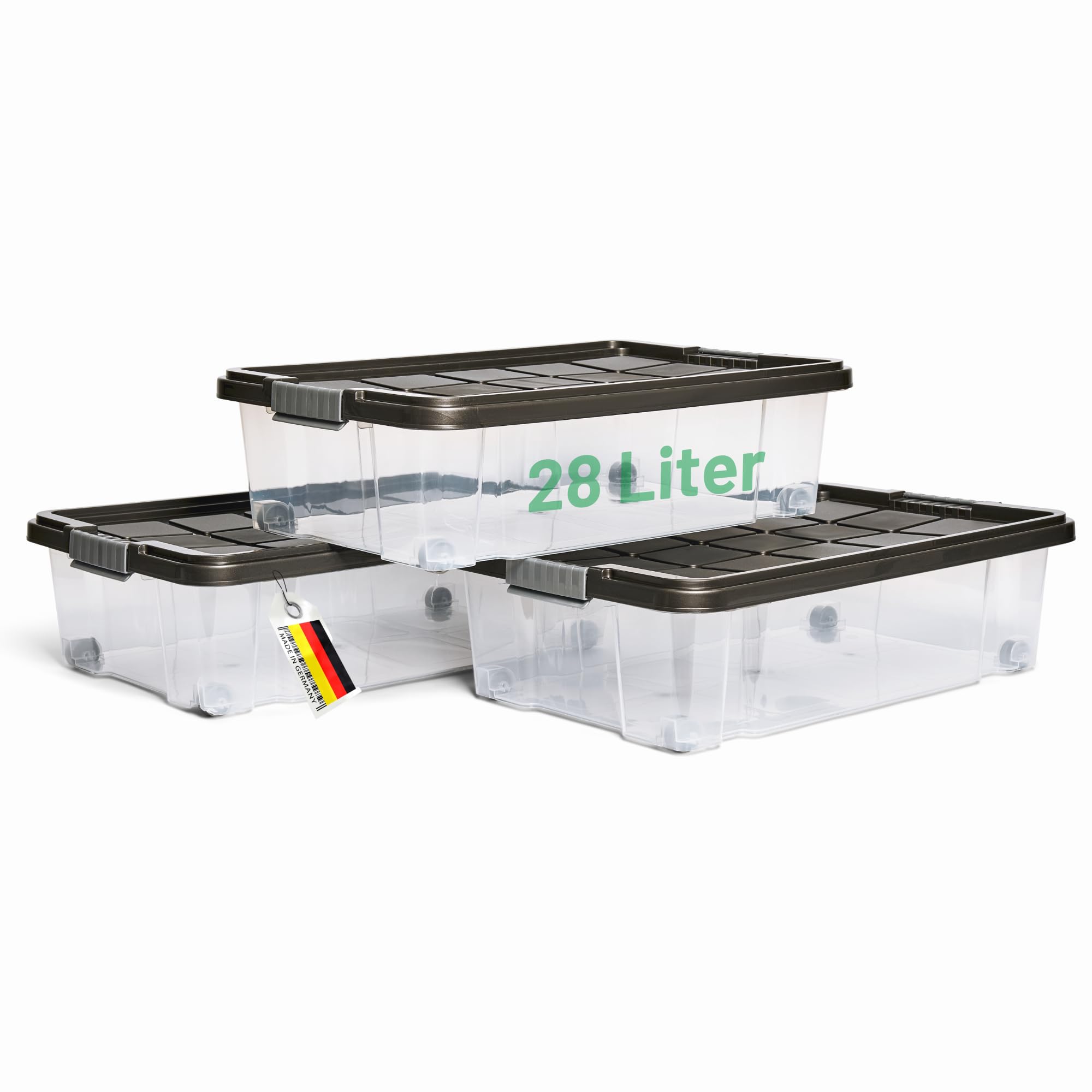 Novaliv 3x Unterbettkommode mit Rollen 28L Aufbewahrungsbox Deckel Anthrazit Nestbar stapelbare mit Clipverschluss Rollkiste BPA-frei 61x40x17 cm