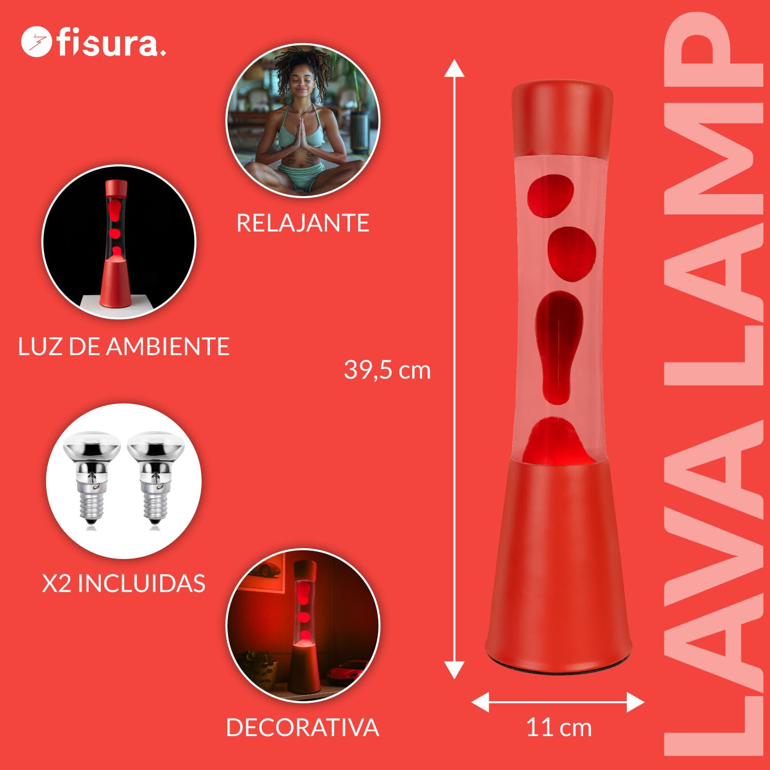 Fisura - Lámpara de lava roja. Base y lava roja con líquido transparente. Lámpara efecto relajante. Con bombilla de repuesto. 11 cm x 11cm x 39,5 cm.