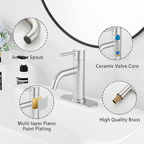 Miniatura 5 de Grifo de baño de níquel cepillado GGStudy con una sola manija de un agujero, grifo de lavabo de baño a juego con desbordamiento de drenaje