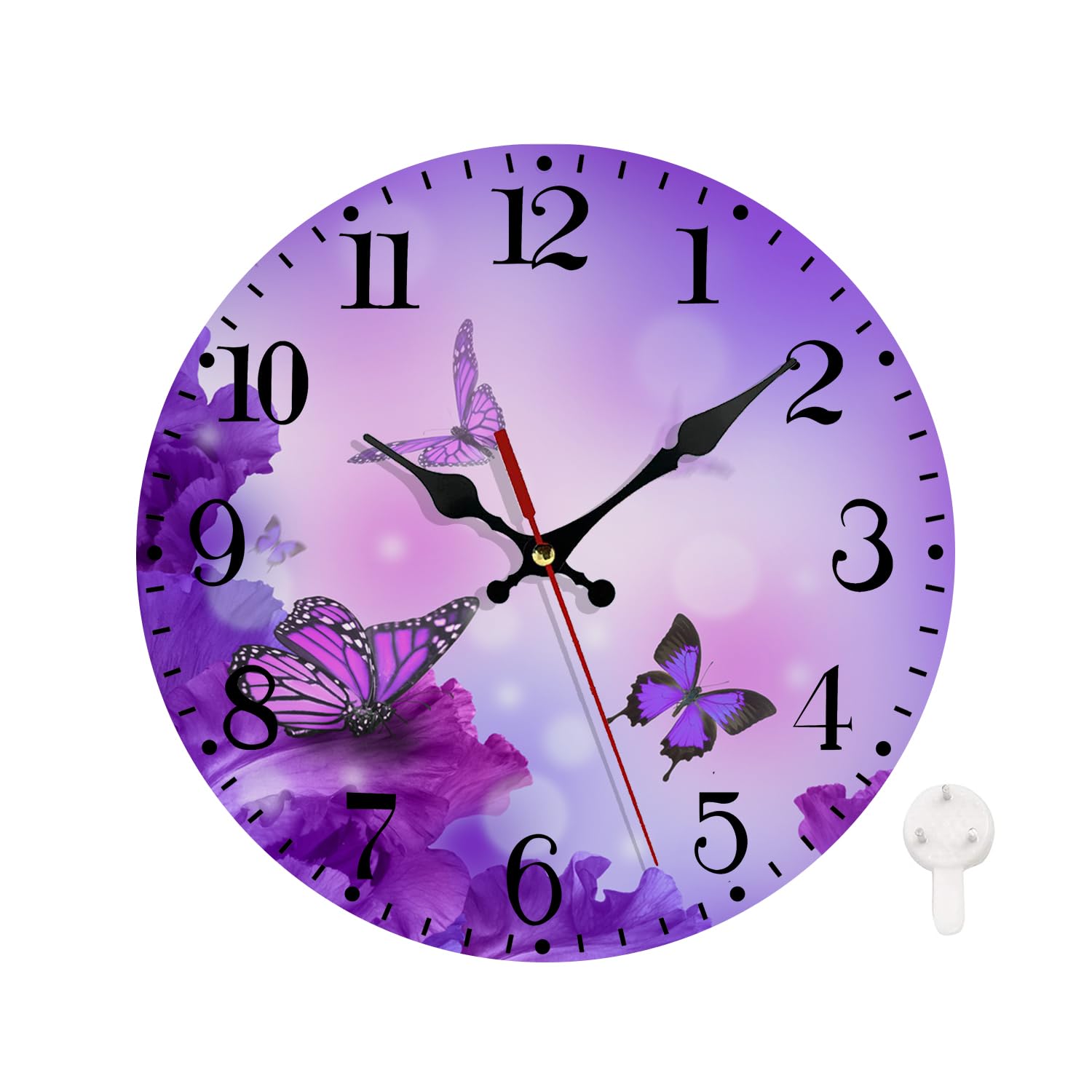 Ansouyi Round Wall Clock Battery Operated Clocks Wallclock 10 Inch,Purple Flower and Butterfly Silent Non Ticking Wall Clock for Living Room,Kitchen,
