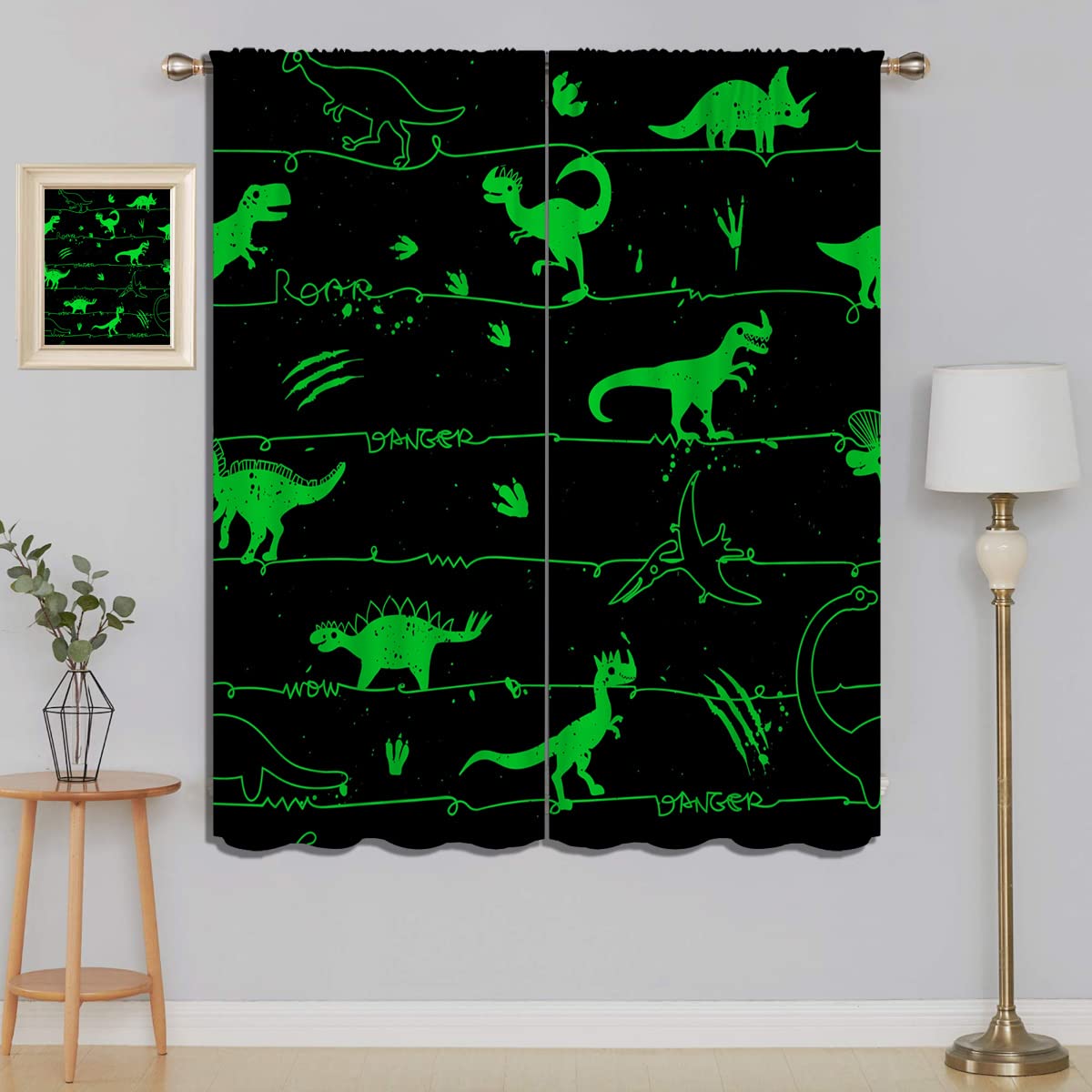 Dinosaur Blackout Curtains for Boy Girl Bedroom Living Room Darkening Decor, Abstract Art Green Dino and Footprints and Claw Marks Home Rod Pocket