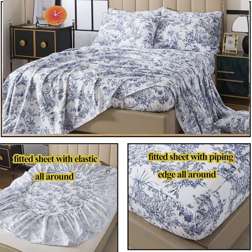 Image of FADFAY Toile Sheet Set Cal King Classic Blue & White 100% Egyptian Cotton French Country Bedding Toile de Jouy Pastoral Scenic Farmhouse Bedding Deep Pocket Sheets Breathable Soft for All Seasons 4Pc