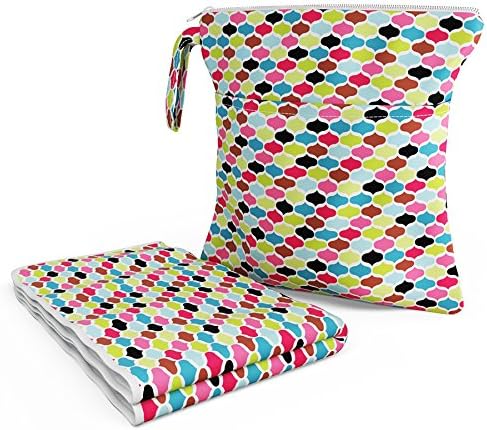 Layaloo Wet Bag & Large Change Pad Set - Waterproof Zippered Wet/Dry Bag - Portable Diaper Changing Pad - Moroccan Candy